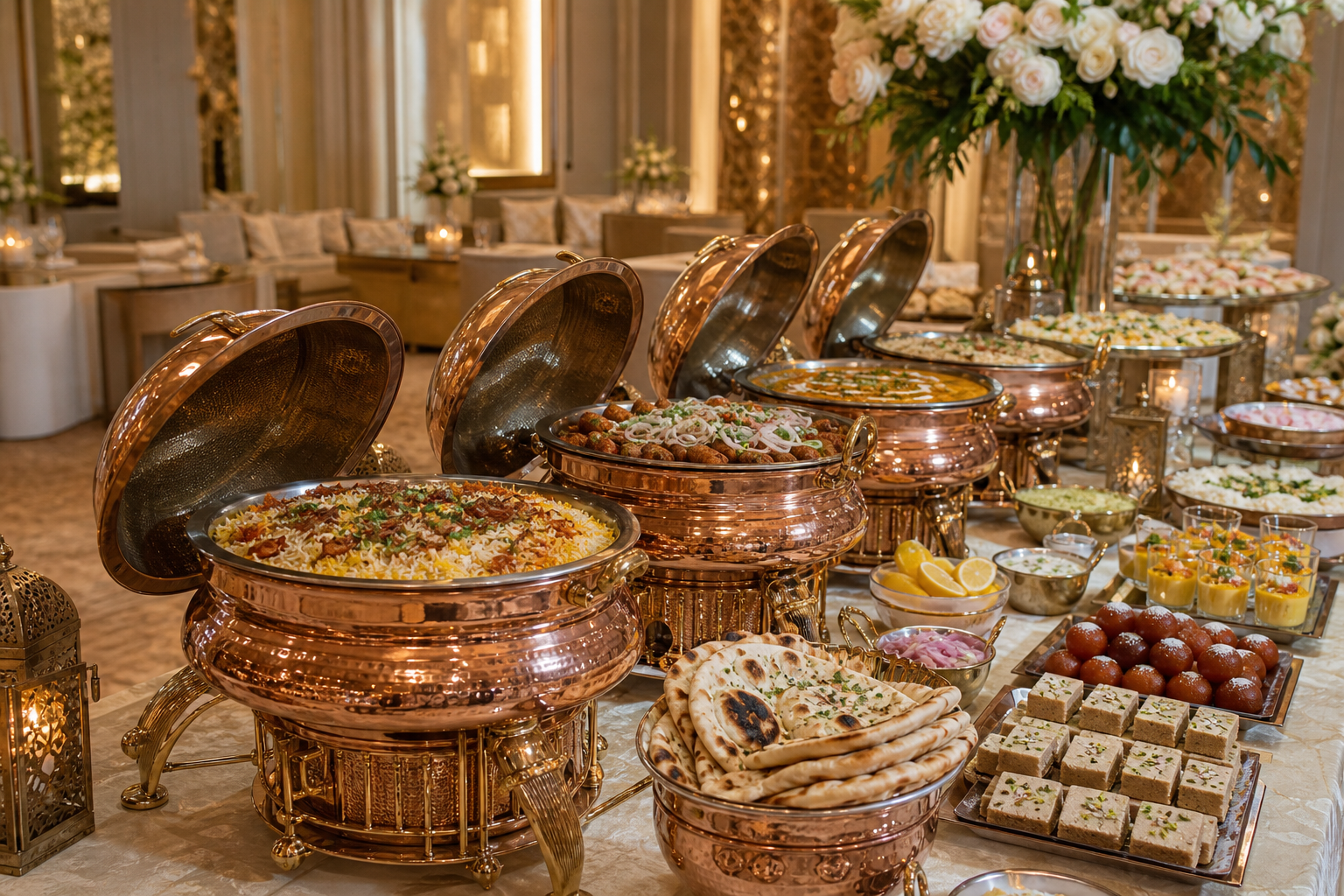 Indian catering buffet with biryani, breads and desserts