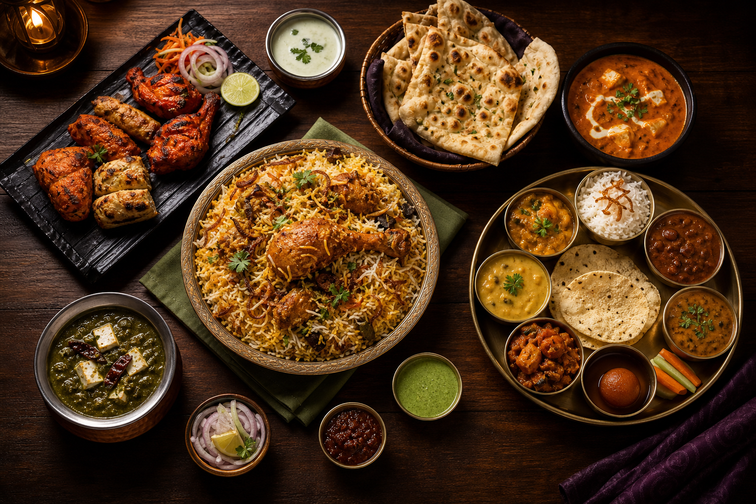 A selection of Indian biryani, kebabs, curries and breads